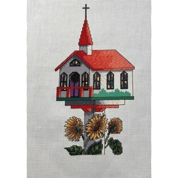 Needlepoint‎ Church Sunflower Birdhouse Handmade Complete Cross Stitch 17.5x13 - Picture 2 of 3